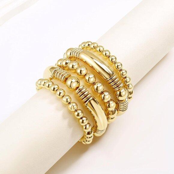 Women Gold Chunky Curved Stacking Plated Bead Ball Stretchable Bracelets Jewelry - Picture 3 of 7